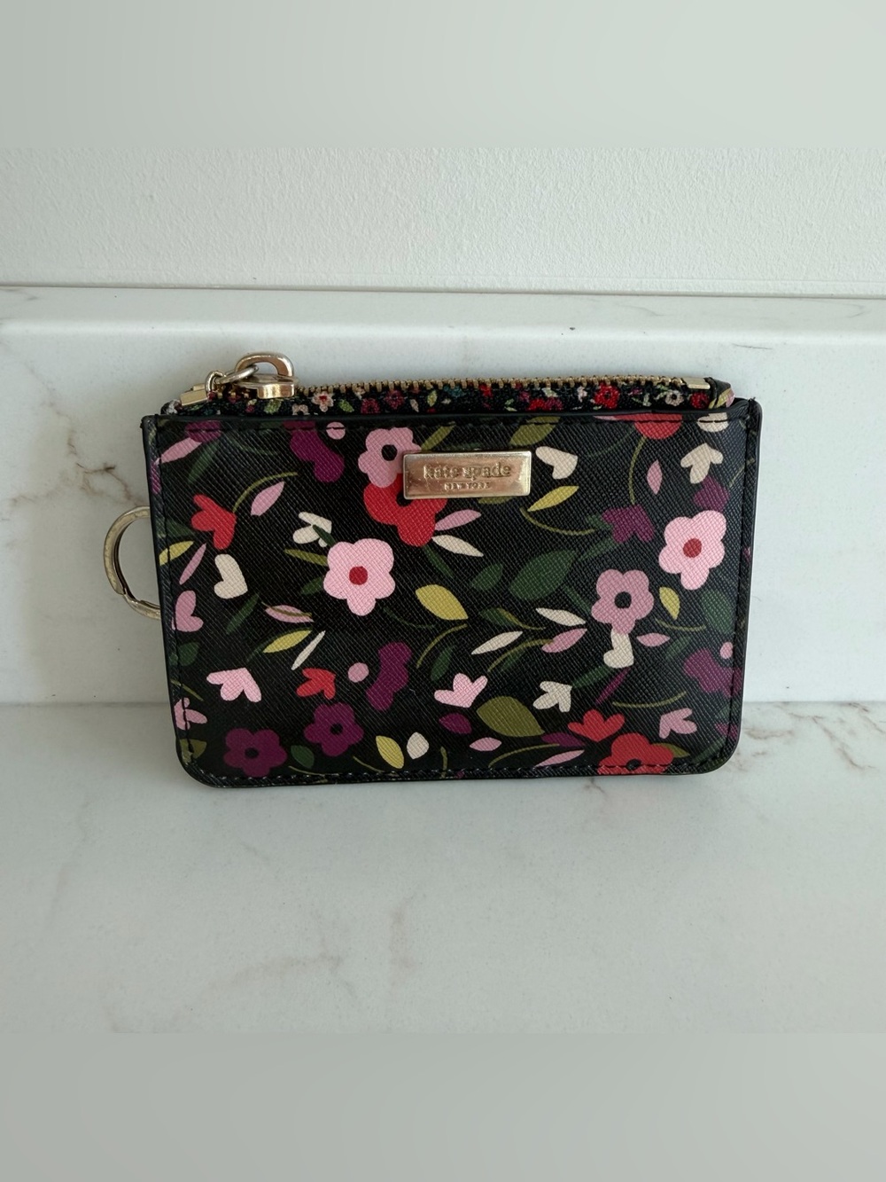 Kate Spade Compact Floral Black Card Wallet Coin Purse Small Keychain